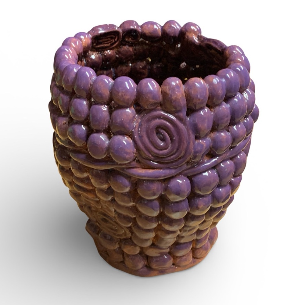 Groovy Vintage Artesian Purple Glazed Clay Grape Art Vase Signed KK FIRM $